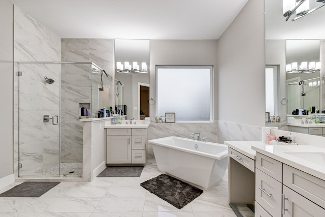 bathroom featuring vanity, tile walls, and plus walk in shower