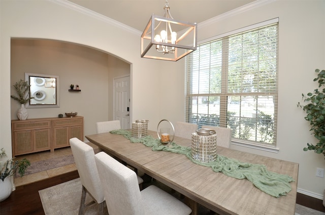 dining room with dark hardwood / wood-style floors, a wealth of natural light, and crown molding