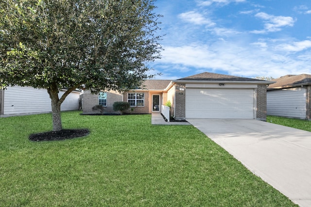 ranch-style home featuring a front yard and a garage