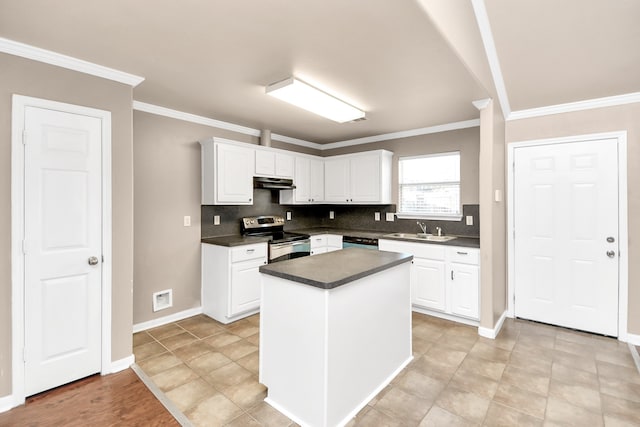 kitchen featuring tasteful backsplash, ornamental molding, dishwashing machine, white cabinets, and stainless steel electric range oven