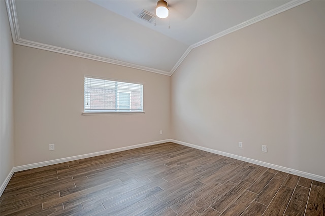 empty room with dark hardwood / wood-style floors, ceiling fan, lofted ceiling, and ornamental molding