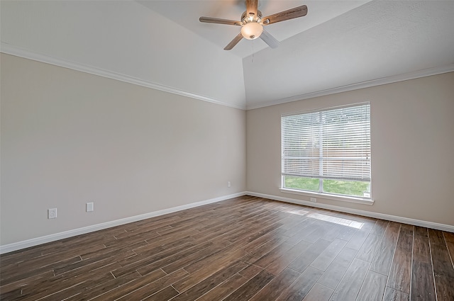 unfurnished room featuring ceiling fan, crown molding, dark wood-type flooring, and vaulted ceiling