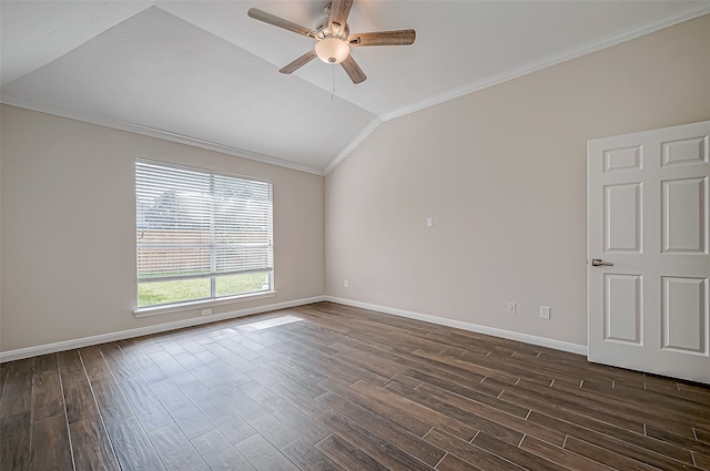 unfurnished room featuring ceiling fan, dark hardwood / wood-style flooring, crown molding, and vaulted ceiling