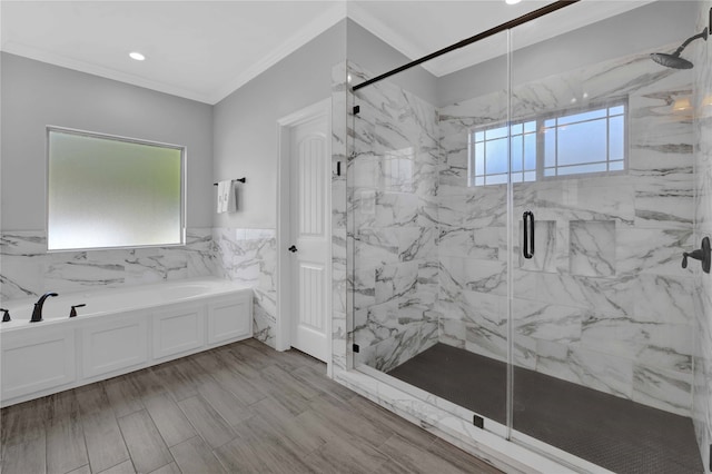 bathroom featuring shower with separate bathtub, tile walls, and ornamental molding