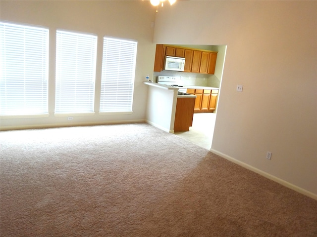 kitchen with light colored carpet and white appliances