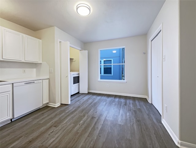 kitchen featuring washer / clothes dryer, white cabinetry, dishwasher, and dark hardwood / wood-style floors