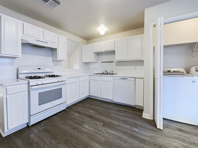 kitchen with white appliances, dark hardwood / wood-style floors, white cabinetry, and sink