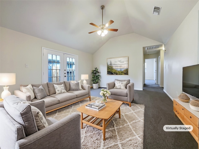 carpeted living room featuring ceiling fan, french doors, and vaulted ceiling