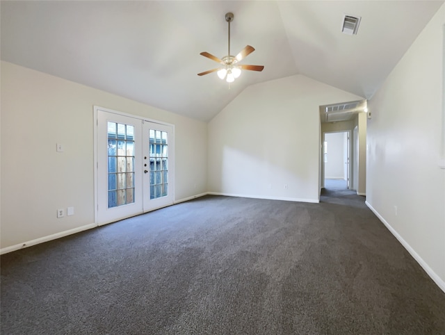 spare room with ceiling fan, french doors, lofted ceiling, and dark colored carpet