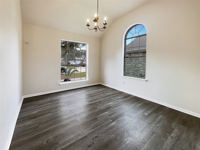 unfurnished dining area with dark hardwood / wood-style flooring, a chandelier, and lofted ceiling