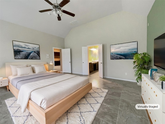 tiled bedroom featuring ensuite bathroom, high vaulted ceiling, and ceiling fan