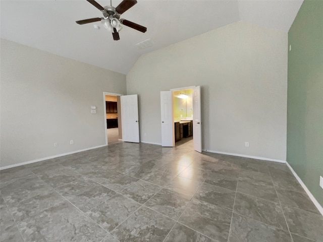 unfurnished room with high vaulted ceiling and ceiling fan