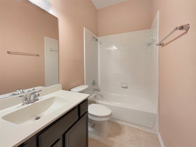 full bathroom with tile patterned flooring, vanity, tub / shower combination, and toilet