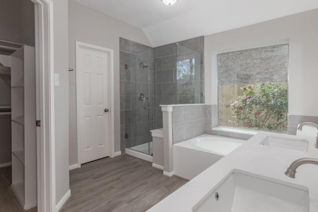 bathroom with lofted ceiling, wood-type flooring, sink, and plus walk in shower