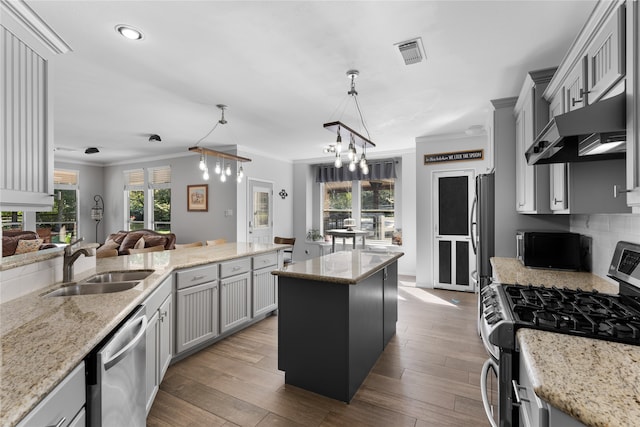 kitchen with appliances with stainless steel finishes, decorative light fixtures, a kitchen island, and a wealth of natural light