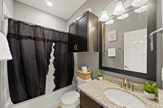 full bathroom with vanity, toilet, and shower / bathtub combination with curtain