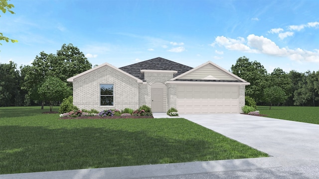 view of front of property with a garage and a front lawn