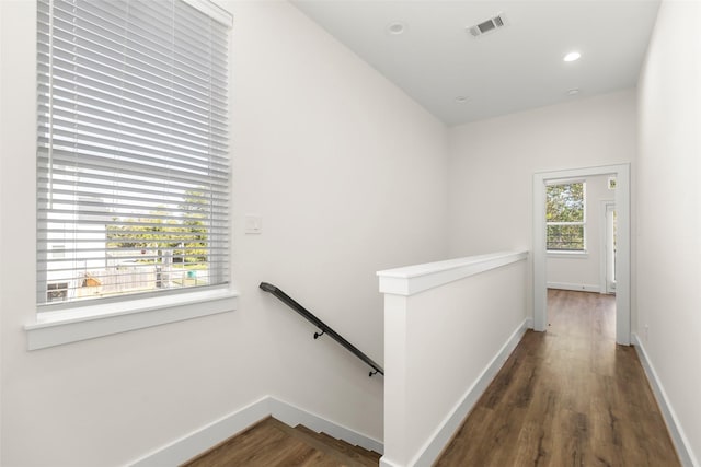 hallway featuring a healthy amount of sunlight and dark hardwood / wood-style flooring