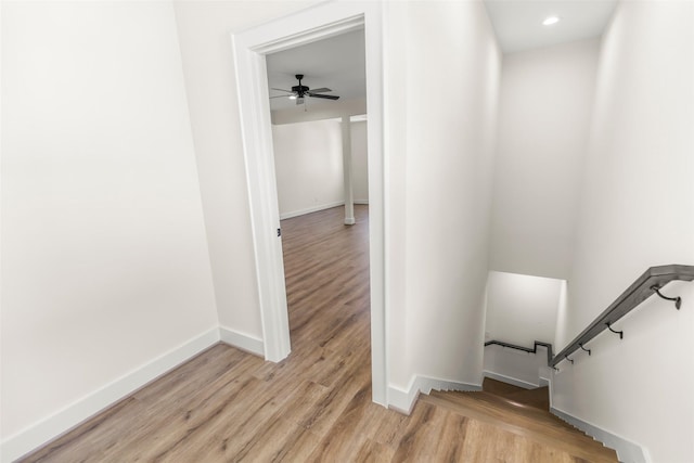 stairway with ceiling fan and hardwood / wood-style floors