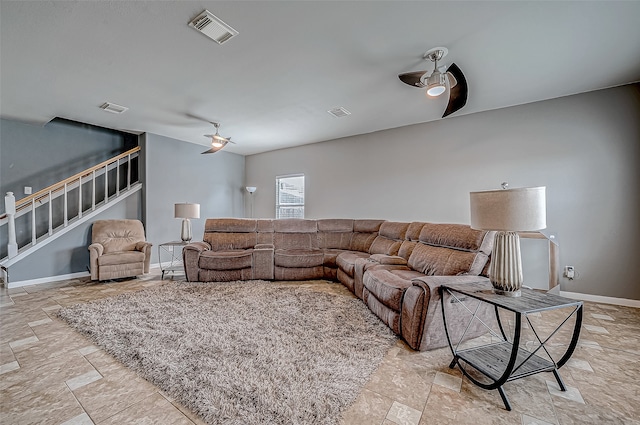 living room with ceiling fan