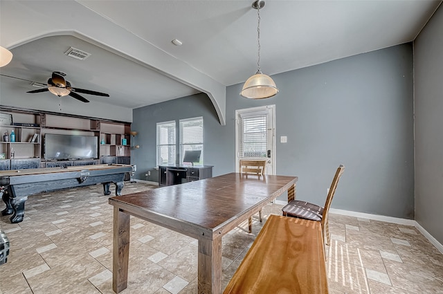 dining space featuring ceiling fan and billiards