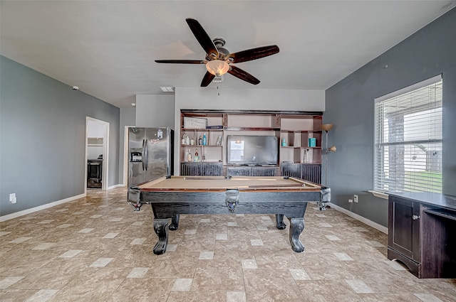 rec room with ceiling fan and billiards