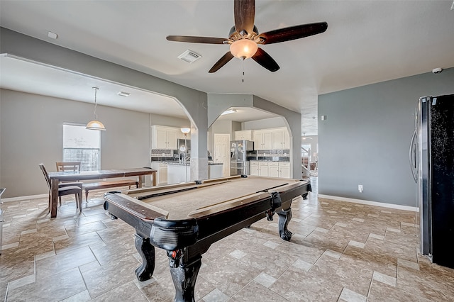 playroom featuring ceiling fan and billiards