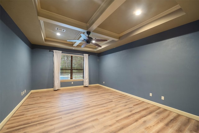 unfurnished room featuring light wood-type flooring, ornamental molding, coffered ceiling, ceiling fan, and beam ceiling