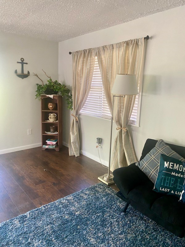 sitting room with a textured ceiling, dark hardwood / wood-style floors, and a wealth of natural light