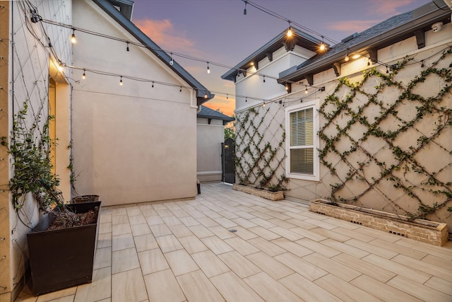 view of patio terrace at dusk