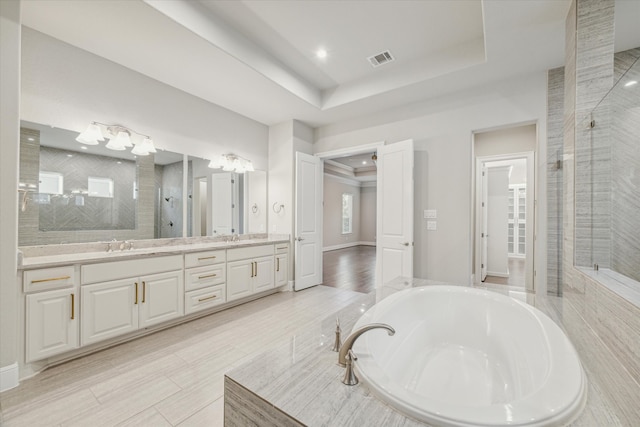 bathroom featuring a raised ceiling, vanity, and separate shower and tub