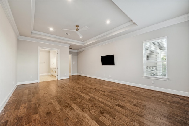 unfurnished living room with ceiling fan, wood-type flooring, and crown molding