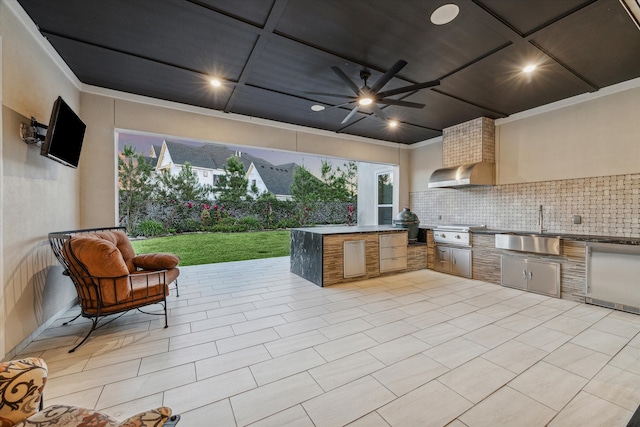 view of patio / terrace featuring area for grilling, ceiling fan, and sink