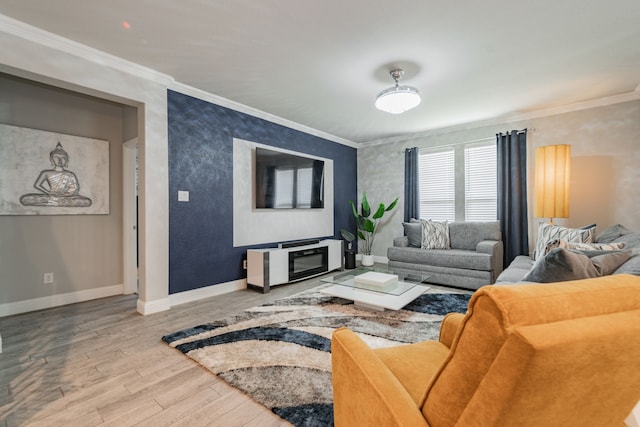 living room with hardwood / wood-style floors and ornamental molding