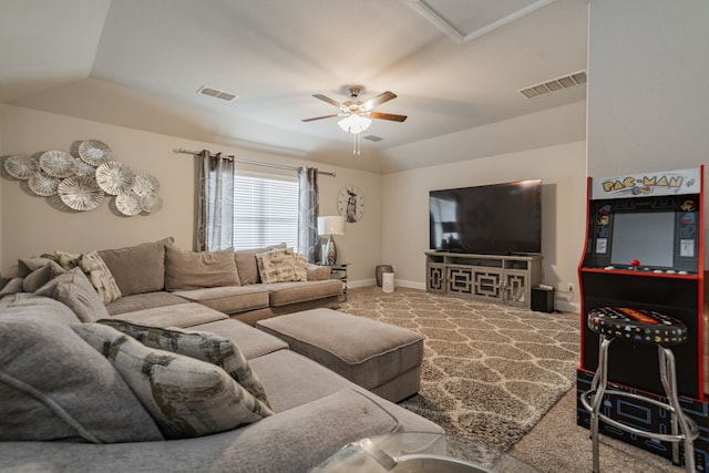 living room with carpet floors and ceiling fan