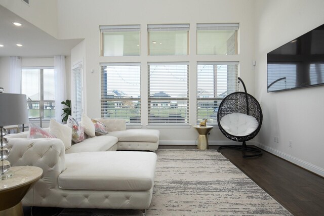 living room featuring dark wood-type flooring and a high ceiling