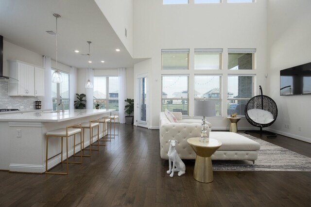 living room with sink, a towering ceiling, and dark hardwood / wood-style floors