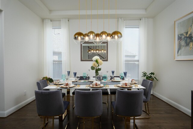 dining room with dark hardwood / wood-style flooring and a notable chandelier