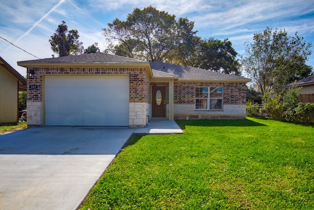 single story home with a front lawn and a garage