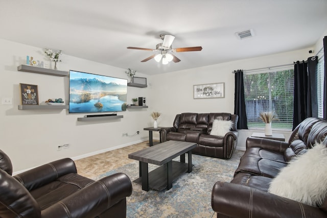 living room with ceiling fan