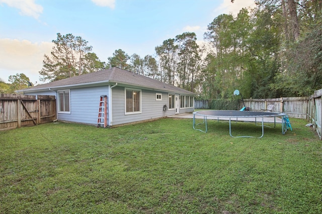 rear view of house featuring a yard and a trampoline