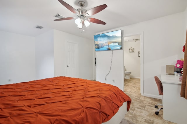 bedroom with connected bathroom and ceiling fan