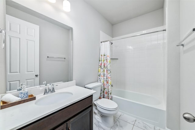 full bathroom featuring shower / bath combo, vanity, and toilet