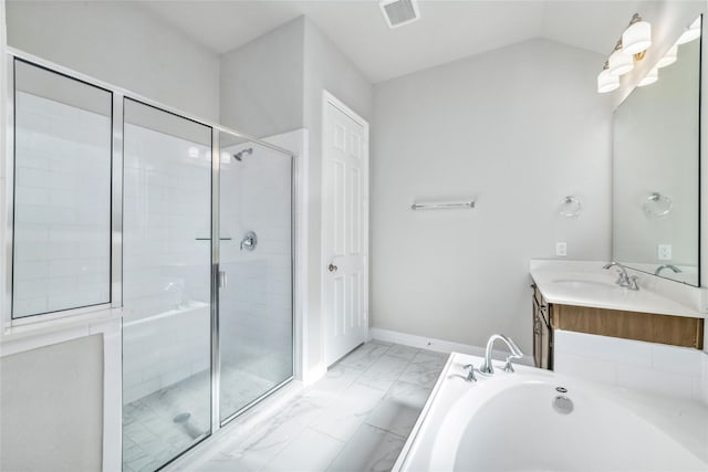 bathroom with vanity, plus walk in shower, and vaulted ceiling