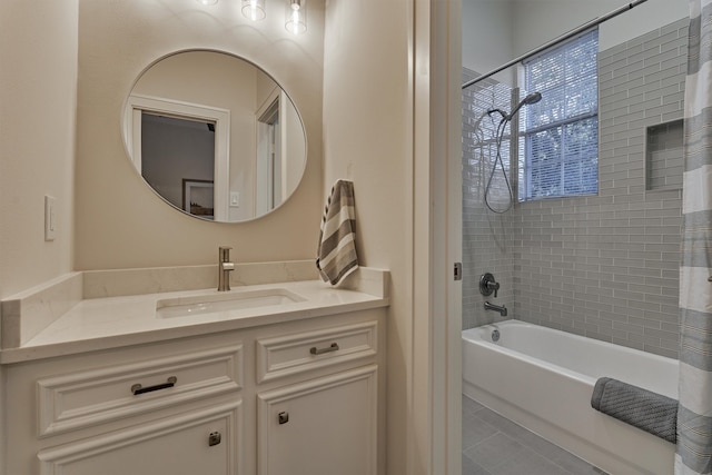 bathroom with tile patterned flooring, vanity, and shower / tub combo with curtain