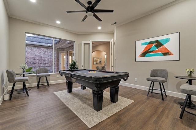 playroom featuring ceiling fan, dark hardwood / wood-style flooring, ornamental molding, and billiards