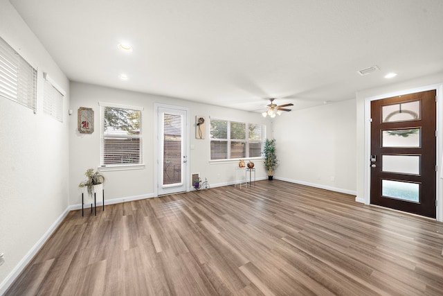 entrance foyer with ceiling fan, plenty of natural light, and wood-type flooring