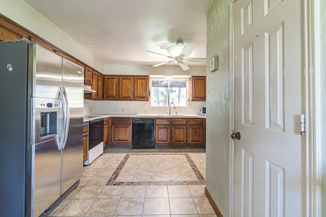 kitchen with ceiling fan, black dishwasher, stainless steel fridge with ice dispenser, white range oven, and light tile patterned floors