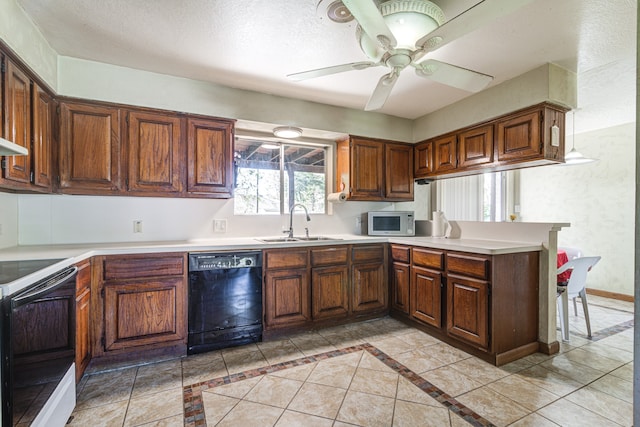 kitchen with black appliances, sink, ceiling fan, light tile patterned floors, and kitchen peninsula