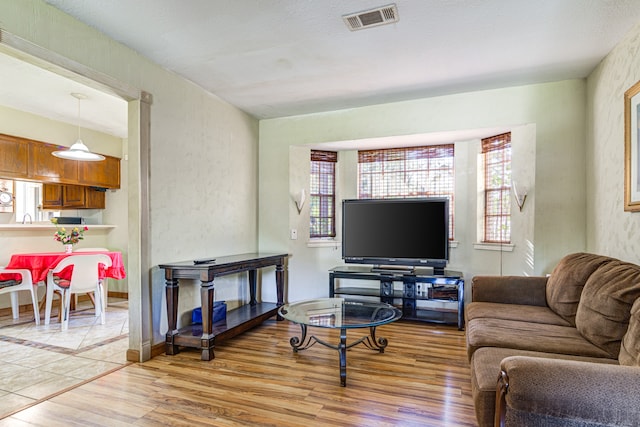 living room featuring sink and light hardwood / wood-style flooring